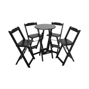 Mesa Bistrô Dobrável De Madeira Redonda Com 4 Banquetas Preta - Cor: Preto