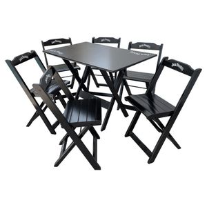 Conjunto Mesa Dobrável Madeira 110x70 Com 6 Cadeiras Personalizada Jack Preta - Cor: Preto