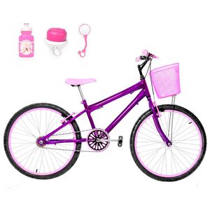 Bicicleta Feminina Aro 24 Alumínio Colorido + Kit Passeio Cor Violeta E Rosa