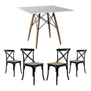 Jogo De Mesa Eiffel Quadrado Tampo De Madeira 90Cm Branco Com 4 Cadeiras Katrina Preto Assento Bege