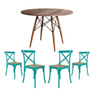 Jogo De Mesa Eiffel Redondo Tampo De Madeira 90Cm Amêndoa Com 4 Cadeiras Katrina Azul Turquesa