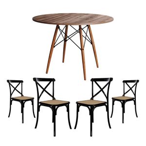 Jogo De Mesa Eiffel Redondo Tampo De Madeira 90Cm Amêndoa Com 4 Cadeiras Katrina Preto Assento Bege