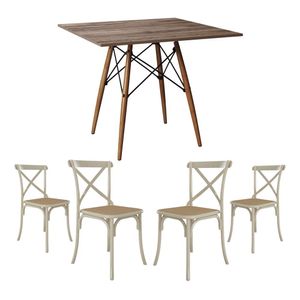 Jogo De Mesa Eiffel Quadrado Tampo De Madeira 90Cm Amêndoa Com 4 Cadeiras Katrina Off White Assento