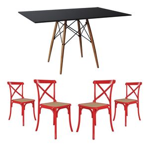 Jogo De Mesa Eiffel Retangular Tampo De Madeira 120X75Cm Preto Com 4 Cadeiras Katrina Vermelha