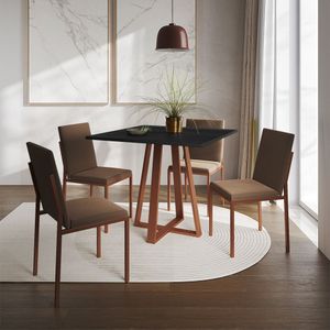 Conjunto De Jantar Mesa 90Cm Preta Com 4 Cadeiras Estofadas Marrom Base Cobre - Preto