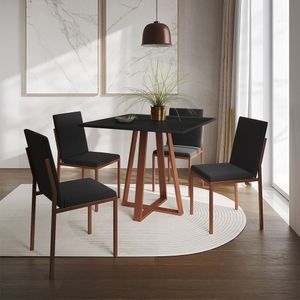Conjunto De Jantar Mesa Mônaco 90Cm Tampo Preto Com 4 Cadeiras Pretas Base Cobre - Cor: Preto