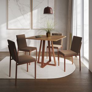 Conjunto De Jantar Mesa 90Cm Imbuia Com 4 Cadeiras Estofadas Marrom Base Cobre - Preto