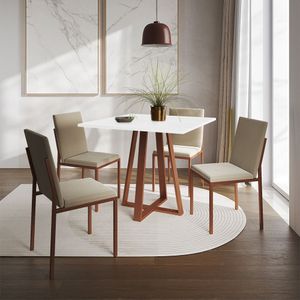 Conjunto De Jantar Mesa Mônaco 90Cm Tampo Branco Com 4 Cadeiras Bege Base Cobre - Cor: Preto