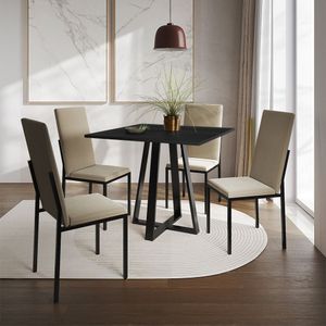 Conjunto De Jantar Mesa Mônaco Premium 90Cm Preta Com 4 Cadeiras Estofadas Bege - Cor: Preto