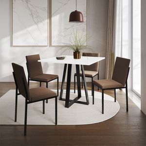 Conjunto De Jantar Mesa Mônaco 90Cm Tampo Branco Com 4 Cadeiras Estofadas Marrom - Cor: Preto