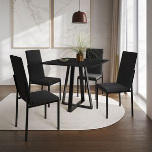 Conjunto De Jantar Mesa Mônaco Premium 90Cm Preta Com 4 Cadeiras Estofadas Pretas - Cor: Preto