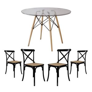 Jogo De Mesa Eiffel Redondo Tampo De Vidro 110Cm Com 4 Cadeiras Katrina Preto Assento Bege