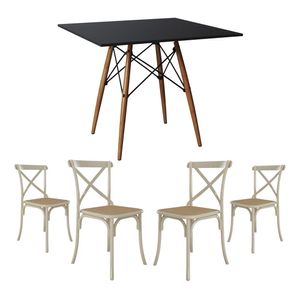 Jogo De Mesa Eiffel Quadrado Tampo De Madeira 90Cm Preto Com 4 Cadeiras Katrina Off Whiteo Be