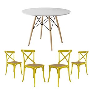 Jogo De Mesa Eiffel Redondo Tampo De Madeira 90Cm Branco Com 4 Cadeiras Katrina Amarelao Bege