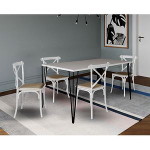 Jogo De Mesa Elen Retangular Tampo De Madeira 140X80Cm Branco Com 4 Cadeiras Katrina Branca Assento