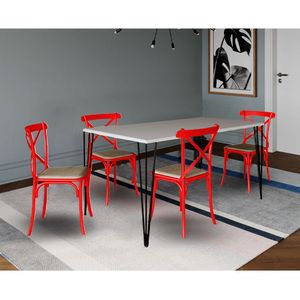 Jogo De Mesa Elen Retangular Tampo De Madeira 140X80Cm Branco Com 4 Cadeiras Katrina Vermelha