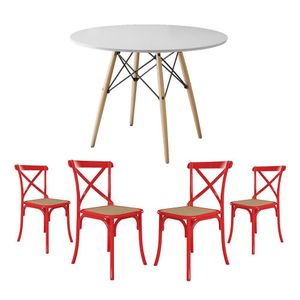 Jogo De Mesa Eiffel Redondo Tampo De Madeira 110Cm Branco Com 4 Cadeiras Katrina Vermelhao Be