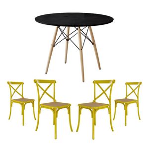 Jogo De Mesa Eiffel Redondo Tampo De Madeira 90Cm Preto Com 4 Cadeiras Katrina Amarela Assento Bege