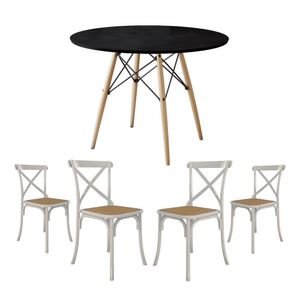 Jogo De Mesa Eiffel Redondo Tampo De Madeira 110Cm Preto Com 4 Cadeiras Katrina Branca Assento Bege