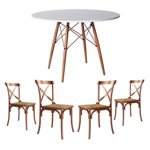 Conjunto De Mesa Eiffel Redondo Tampo De Madeira 110Cm Branco Com 4 Cadeiras Cobre - Branco