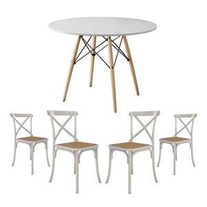 Conjunto De Mesa Eiffel Redondo Tampo De Madeira 110Cm Branco Com 4 Cadeiras Katrina Branca Assento