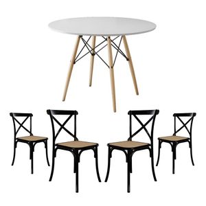 Conjunto De Mesa Eiffel Redondo Tampo De Madeira 110Cm Branco Com 4 Cadeiras Katrina Pretoo B