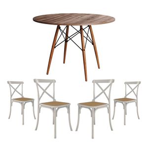 Conjunto De Mesa Eiffel Redondo Tampo De Madeira 90Cm Amêndoa Com 4 Cadeiras Katrina Branca Assento