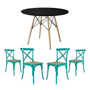 Conjunto De Mesa Eiffel Redondo Tampo De Madeira 90Cm Preto Com 4 Cadeiras Katrina Azul Turquesa