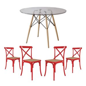 Conjunto De Mesa Eiffel Redondo Tampo De Vidro 110Cm Com 4 Cadeiras Katrina Vermelha Assento Bege
