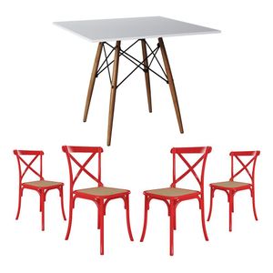 Conjunto De Mesa Eiffel Quadrado Tampo De Madeira 90Cm Branco Com 4 Cadeiras Katrina Vermelha