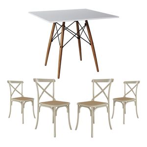 Conjunto De Mesa Eiffel Quadrado Tampo De Madeira 90Cm Branco Com 4 Cadeiras Katrina Off White