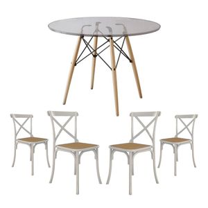 Conjunto De Mesa Eiffel Redondo Tampo De Vidro 110Cm Com 4 Cadeiras Katrina Branca Assento Bege