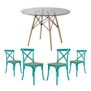 Conjunto De Mesa Eiffel Redondo Tampo De Vidro 110Cm Com 4 Cadeiras Katrina Azul Turquesao Be