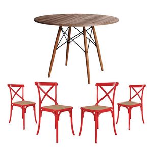 Conjunto De Mesa Eiffel Redondo Tampo De Madeira 110Cm Amêndoa Com 4 Cadeiras Katrina Vermelha