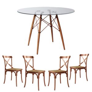Conjunto De Mesa Eiffel Redondo Tampo De Madeira 90Cm Branco Com 4 Cadeiras Cobreo Corano Beg