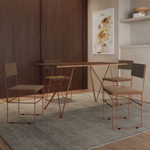 Mesa Jantar Industrial Trama 1,40X0,80M Amêndoa Com 4 Cadeiras Estofadas Vitória Marrom E Cobre