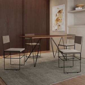Mesa Jantar Industrial Trama 1,40X0,80M Amêndoa Com 4 Cadeiras Estofadas Vitória Bege E Preta