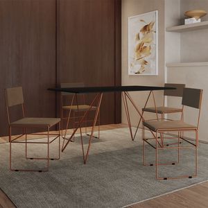 Mesa Jantar Industrial Trama 1,40X0,80M Preta Com 4 Cadeiras Estofadas Vitória Marrom E Cobre