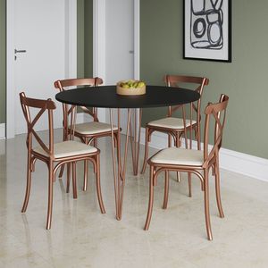 Mesa Jantar Redonda Preta Elen 110Cm Hairpin Com 4 Cadeiras Katrina Cobre - Cor: Preta