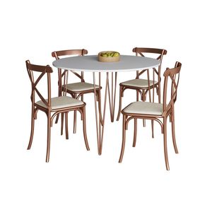 Mesa Com 4 Cadeiras Katrina Cobre Elen Hairpin 110Cm Jantar Branca Base Cobre - Cor: Branca