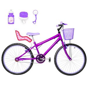 Bicicleta Feminina Aro 24 Alumínio Colorido + Kit Passeio E Cadeirinha Cor Violeta E Lilás