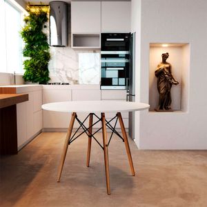 Mesa De Jantar Eames Eiffel 110cm Branca Base Madeira Maciça - Cor: Branco