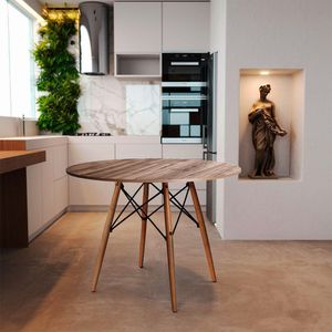 Mesa Eiffel Design Charles Eames Redonda 90cm Amêndoa Base Madeira Maciça - Cor: Marrom