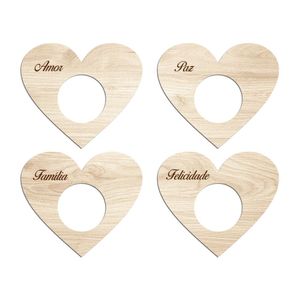 Porta Guardanapo Coração Desejos Kit 4 Peças 7,5cmx6,5cm - Cria Arte Laser Madeira Clara