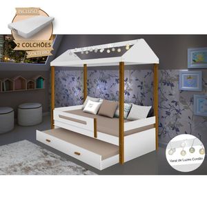 Beliche Montessoriana Infantil Sara Solteiro C/ Led E Colchões - Branco/Amêndoa - Branco