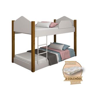 Beliche Infantil Juvenil Luiza Com Colchões - Branco/Mel - Branco