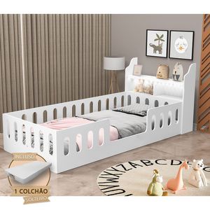 Cama De Criança Helo Solteiro Com Colchão + Nicho E Led Branca - Branco