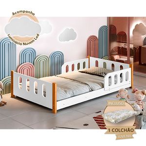 Cama Infantil Juvenil Camila Com Colchão + Grade De Proteção E Luminária Led - Branca - Branco