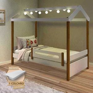 Cama Montessoriana Solteiro Casinha Eliz Com Led Grade De Proteção E Colchão Branca/Mel - Branco
