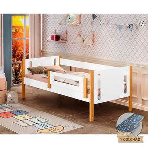 Cama Infantil Babá Montessoriana Com Colchão Mirela Com Grade De Proteção - Branco/Amêndoa - Branco